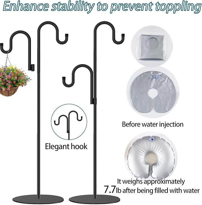 2 Set Shepherd's Hook Stand Plant，Bird Feeder，Wind Chime Hanger Stand, Waterproof Metal & Adjustable-Height Standing Pole Holder for Lantern and Wreath, Indoor & Outdoor