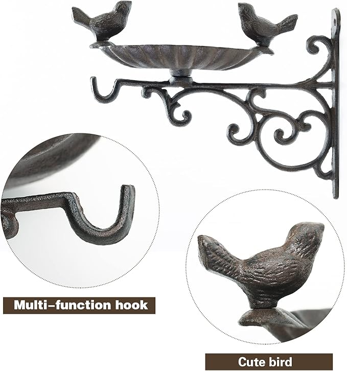 Sungmor Heavy Duty Cast Iron Bird Feeder with Hanging Bracket - Wall Mounted Bird Bath - Vintage & Lovely Birds Hanger Wall Hook for Planters, Lanterns, Wind Chimes and More Garden Decorative Items