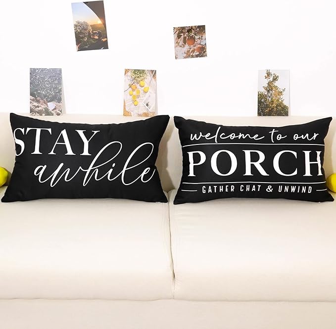 TAJWE Outdoor Pillow Covers Waterproof 12x20 Set of 2 Black and White Decorative Welcome to Our Porch Stay Awhile Cushion Cases for Patio Furniture Sofa Couch Decor