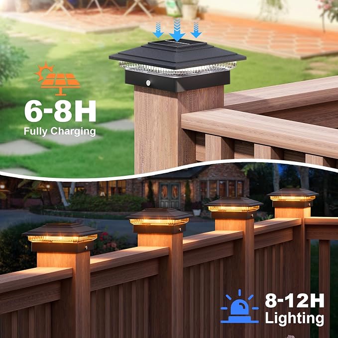 APONUO Solar Post Cap Lights Color Changing - RGB 8 Solid & Gradient Colors, IP65 Waterproof, for 4x4 5x5 6x6 Wood Vinyl Fences, Deck, Patio, Yard, Black, 6 Pack