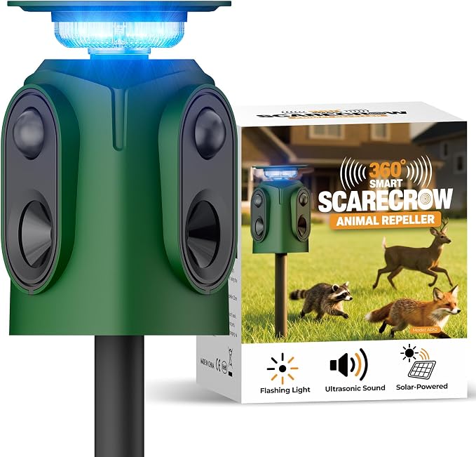 Solar Powered Cat Repellent Ultrasonic Deer Repellent 360 Degree Animal Deterrent Waterproof Squirrel Repeller with Flashing Light Outdoor Skunk Repellent Outdoor Yard Lawn Garden