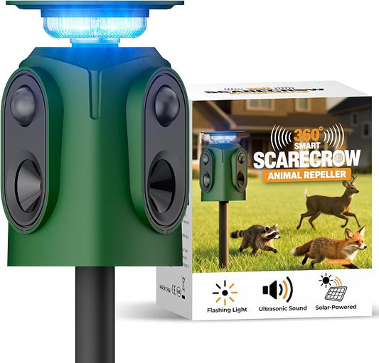 Solar Powered Cat Repellent Ultrasonic Deer Repellent 360 Degree Animal Deterrent Waterproof Squirrel Repeller with Flashing Light Outdoor Skunk Repellent Outdoor Yard Lawn Garden