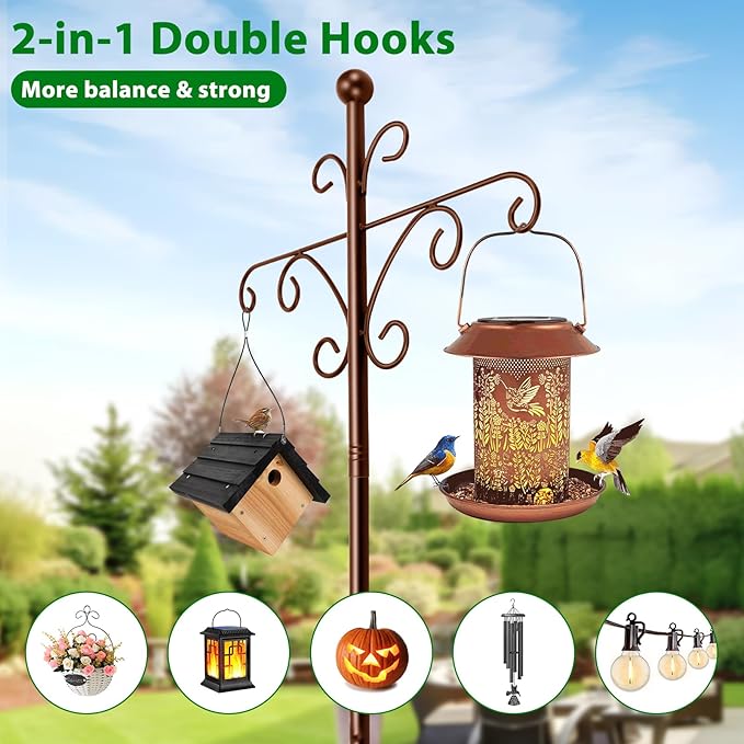 Bird Feeder Pole for Outdoors Heavy Duty Squirrel Proof, 2 Pack 92 Inch Adjustable Tall Shepherds Hooks for Outdoor with 7 Prongs Base, Double Shepherd Hooks (2 Pack Copper, 92 Inch)
