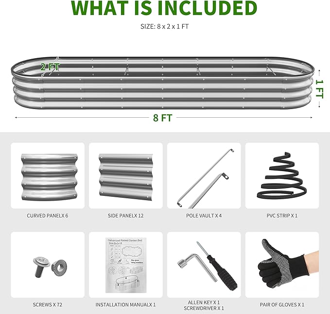 Planters for Outdoor Plants, 8×2×1ft for Outdoor Garden Box with Easy Assembly,Oval Large Galvanized Gardening Raised Bed for Vegetables, Fruits, Flower Silver