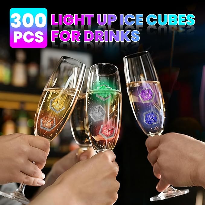 Light Up Ice Cubes, 300 Pack Multi Color Led Ice Cubes for Drinks IP67 Waterproof Reusable Glowing Flashing Changing Lights Water Activated Drink Lights for Cocktails Christmas Party Bar Wedding