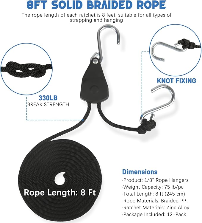 12-Pack 1/8" Adjustable Rope Hanger, Heavy Duty Retractable Ratchet Tie Down Strap with Reinforced Gear, Pulley System for Hanging Plants Grow Light and Tie-Downs for Various Purposes