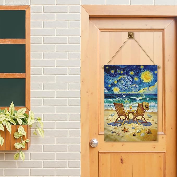 Beach Garden Flag Spring Summer Coastal House Flags Van Gogh Inspired Starry Night Style Ocean Seaside Chairs Yard Banner for Outside Lawn Patio Porch Seasonal Home Double Sided 28 x 40 Inch
