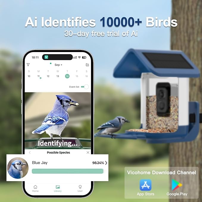 Bird Feeder with Camera Solar Powered : Smart Camera Bird Feeder 2K Live Feed Cam for Outdoor Backyard - Ai Identify Auto Capture Videos Pictures, Gifts for Birdlover Mom Dad, 2.6GHz WiFi