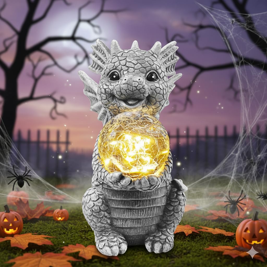 Solar Garden Outdoor Statues 7.2" Resin Dragon Statues Holding Magic Ball with Solar Lights,Lawn Decor for Patio, Balcony, Yard Ornament,Unique Gifts for Mom Grandma Housewarming