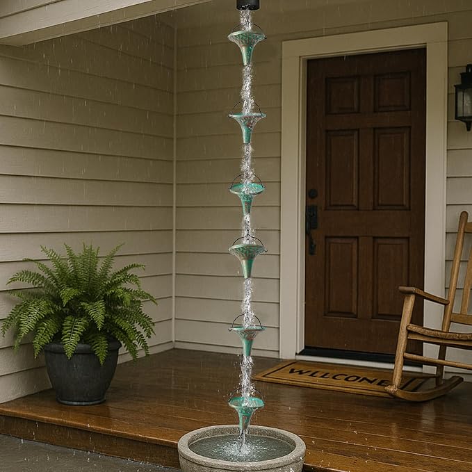 Patina Rain Chain for Gutters, 8.6 FT Decorative Water Chain with 12 Funnel Cups, Crystal Accent, Rust Resistant Outdoor Rain Chain for Garden & Porch