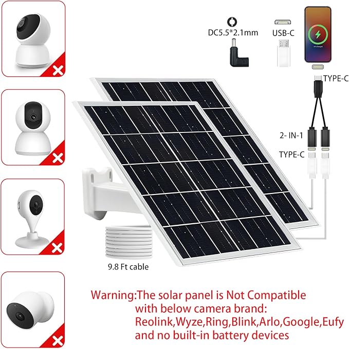 5V 16W Solar Panel for Security Camera IP65 Waterproof USB Solar Panel Charger Type-C Port、Micro USB Port＆DC Port Solar Sanels for Cameras with 9.8ft Charging Cable (8W White 2pack)