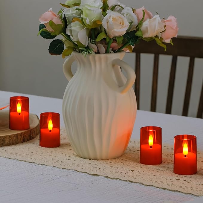 Flameless Small Tea Light LED Candles, Acrylic Battery Operated Votive 1.7" x2.5" with Remote Control and Timer, Tealight Red Flickering Warm Light Pack of 8 Electric Long Lasting