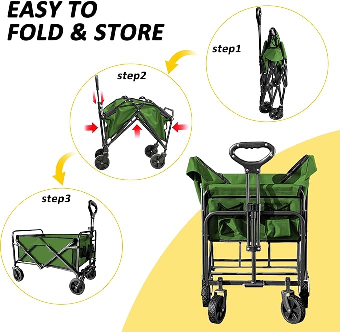 Foldable Wagon Cart, Collapsible Wagon Cart with Heavy Duty Wheels, 220Ibs Portable Folding Utility Wagon for Groceries, Beach, Camping, Outdoor Activities, Green