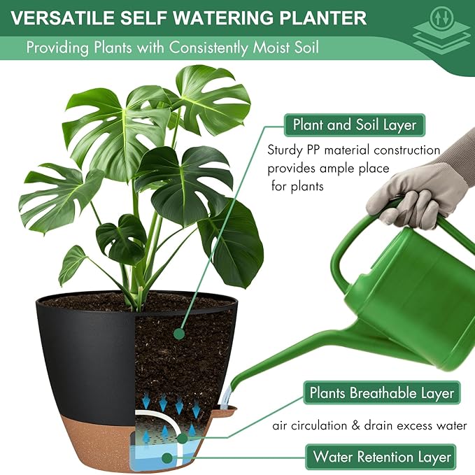 montresor 12/10/8 Inch Self Watering Pots for Indoor Plants Plastic Large Plant Pots for Outdoor Plants, Water Level Window & Spacious Reservoir Flower Pots Decorative Planter with Drainage and Tray