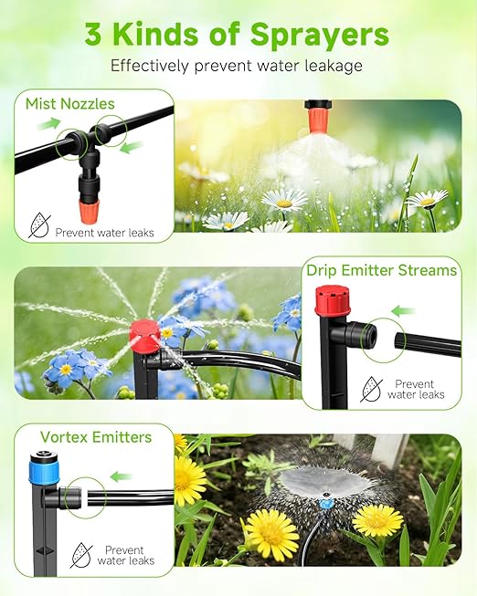 124FT Drip Irrigation System with LCD Timer, Automatic Watering System Kits,1/2 Inch Hose 1/4 Inch Distribution Tubing 3 Sprayer Types, for Garden, Greenhouse, Garden, Lawn