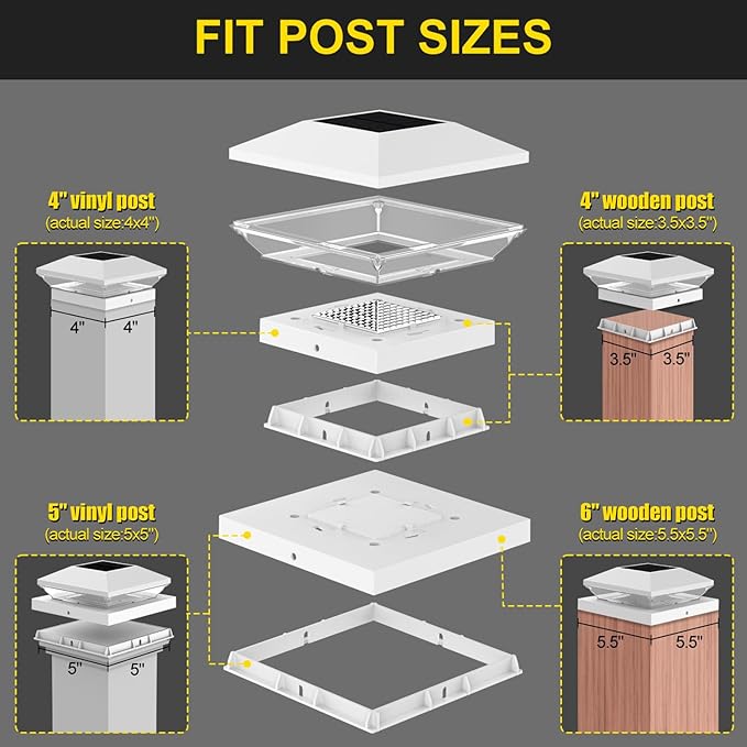 T-SUN Solar Post Cap Lights Outdoor 2 Pack, 2 Modes LED Fence Post Solar Lights Fit for 4x4 5x5 6x6 Vinyl/Wooden Posts, Waterproof Deck Post Lights Solar Powered for Garden Patio Gate Porch