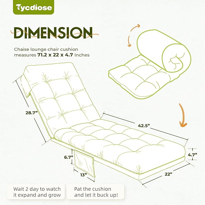 Outdoor Lounge Chair Cushion, Waterproof Thickened Chaise Lounge Cushions for Outdoor Furniture 71 x 22 x 4.7 Inches Non-Slip Patio Pool Lounge Chair Cushions with Ties (Light Green)