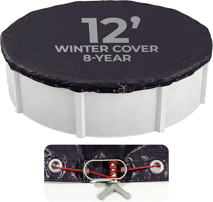 Blue Wave 8-Year 12-ft Round Above Ground Pool Winter Cover | Solid polyethylene, heat-sealed seams, underside, cable, winch, grommets, 4-ft overlap, 8-yr support, blocks debris & snow
