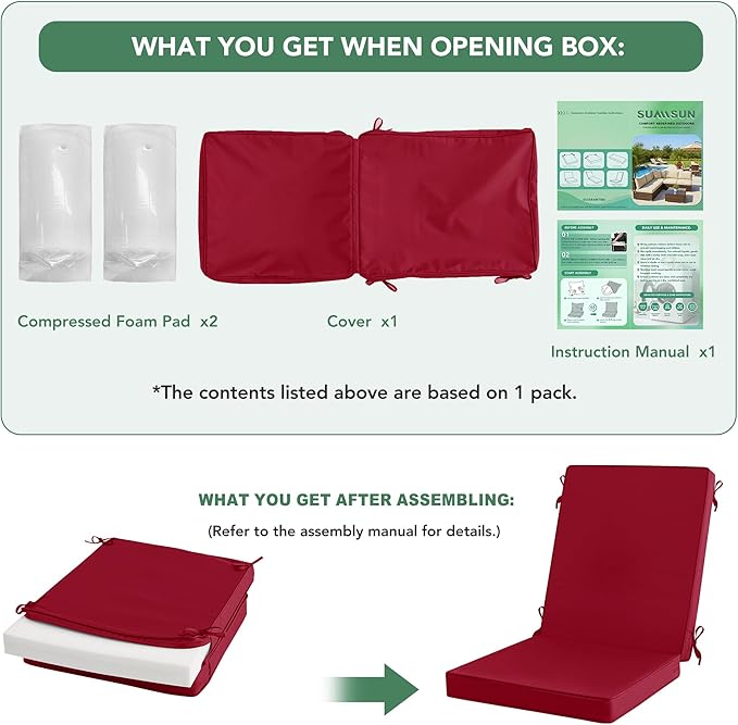 Summsun Patio Dining Seat Cushions, High Back Outdoor Chair Cushion with Water Resistant Removable Covers, Ties, Non-Slip Bottom for Garden Lawn Patio Furniture, 44 x 20 Inch, Burgundy, Set of 2