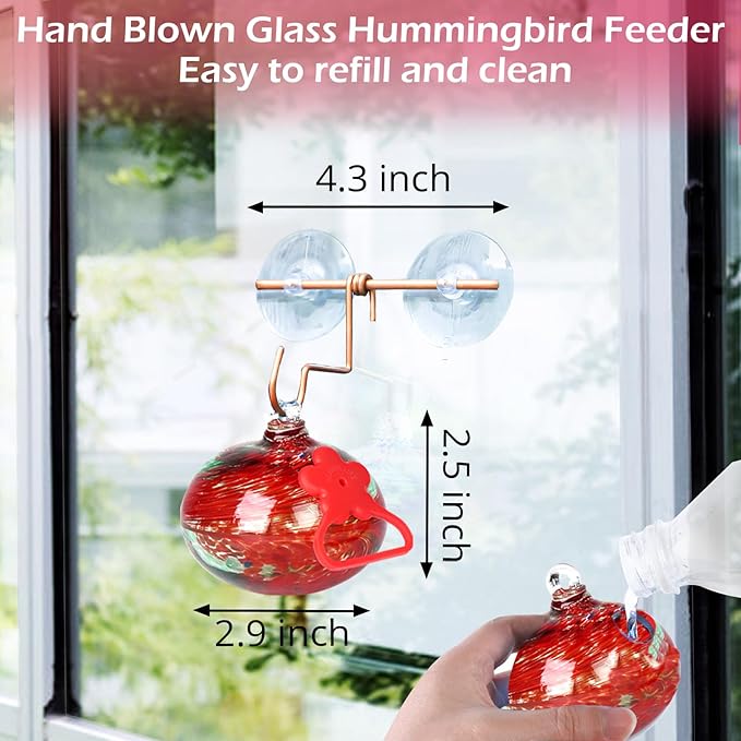 Window Hummingbird Feeder with Suction Cups,Hand-Blown Glass Hummingbird Feeders for Outdoors Window Mounted with Metal Hook,Close Bird Watching,Finch in Garden,Yard(Red)