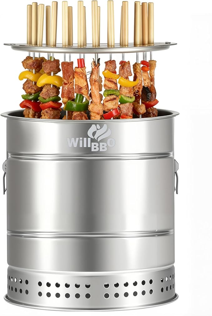 2-in-1 Charcoal Grill & Fire Pit, Vertical Barrel Grill for Outdoor BBQ | Portable Camping Grill with 360° Even Heating, Low Smoke Oil-Ash Separation, Stainless Steel for Backyard Parties(L)