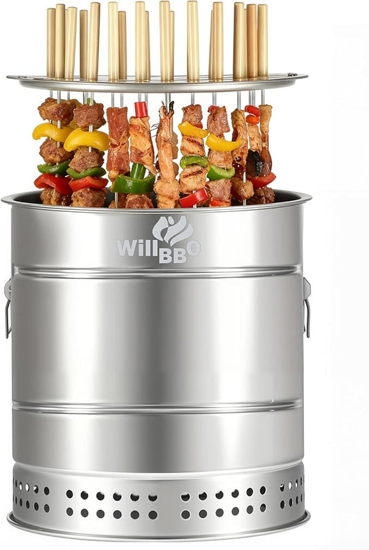 2-in-1 Charcoal Grill & Fire Pit, Vertical Barrel Grill for Outdoor BBQ | Portable Camping Grill with 360° Even Heating, Low Smoke Oil-Ash Separation, Stainless Steel for Backyard Parties(L)