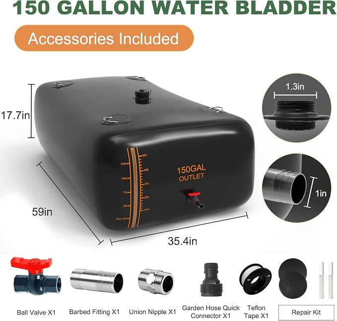 150 Gallon Water Bladder, 1000D PVC Foldable Portable Water Tank, Black Large Capacity Water Bag Container for Camping, Garden, Agricultural Irrigation, Drought Resistance, Emergency Supply