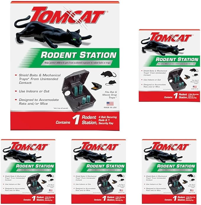 Tomcat Rodent Station, Includes 1 Rodent Station with 4 Bait Securing Rods and 1 Security Key - Fits Rat or Mouse Sized Traps (Baits & Traps Sold Separately) - Use Indoors or Outdoors (Pack of 5)