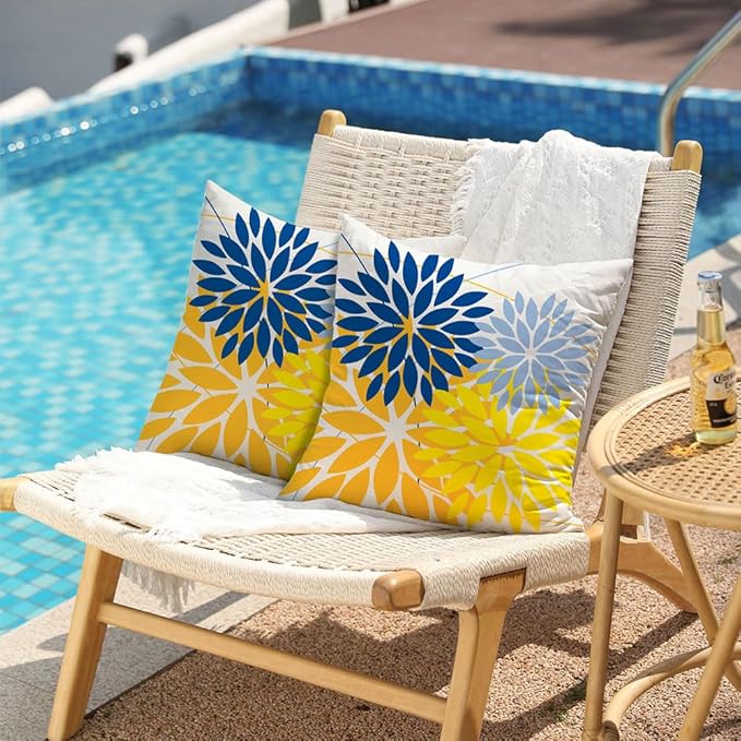 DFXSZ Outdoor Pillow Covers 20x20 Inch Set of 2 Yellow Blue Flower Decorative Waterproof Spring Summer Outdoor Pillow Covers for Patio Funiture Garden Couch 168E20