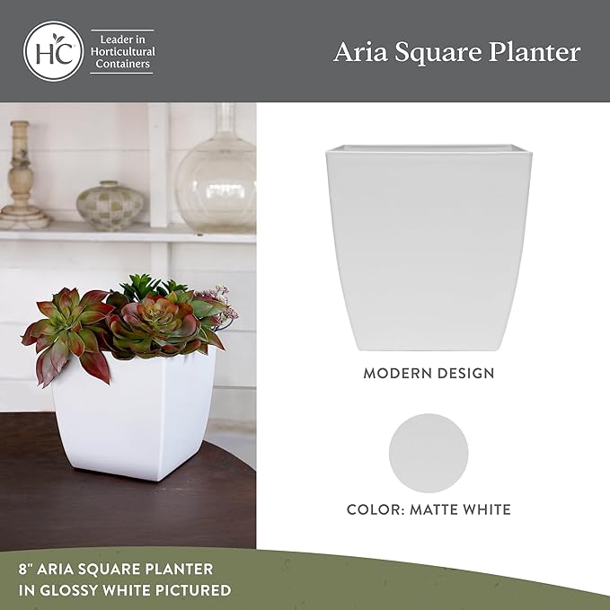 The HC Companies Aria Self Watering Square Plant Pot w/Drainage - Classic Planters for Outdoor Plants & Indoor Plants - Lightweight & UV-Resistant Plastic Pots for Plants (6" Matte White, Pack of 2)