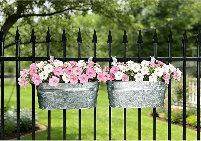 Balcony Galvanized Hanging Planters Railing Flower Pots, Outdoor Metal Fence Planter Pot with Detachable Hooks Drain Hole for Garden Patio Yard Decor (17 Inch, 4Pcs)
