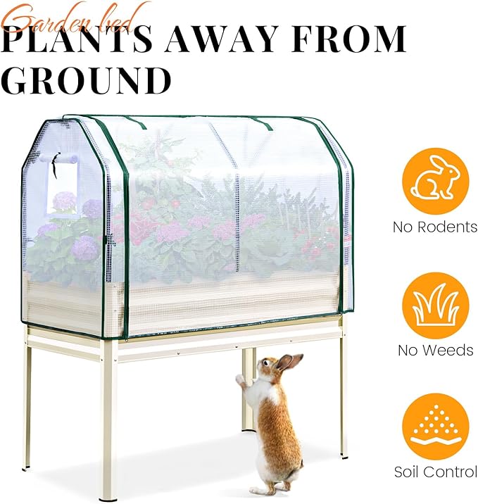 King Bird Large Raised Garden Bed with Cover Galvanized Elevated Planter Box with Legs 48×24×56 in for Backyard, Patio, Balcony, 400lb Capacity, Beige