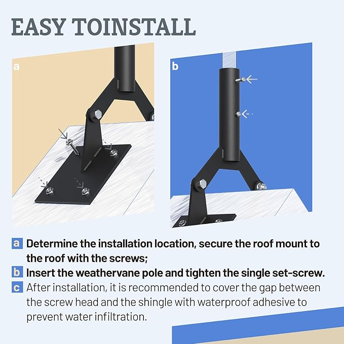 Adjustable Weathervane Roof Mount, 401AL Sturdy Mounting Bracket Fits Good Directions Standard Size Weathervane Pole Up to 3/4" Diameter