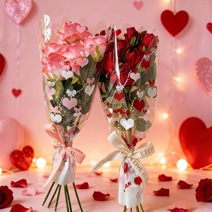 SELANTAG 100 Pack Pink Heart Clear Flower Bags for Bouquets,Valentine's Day Heart Flower Bouquet Bags, Floral Wrapping bag, Sleeves Perfect for Mother's Day, Wedding (10.6in x 17in x 3.9in)