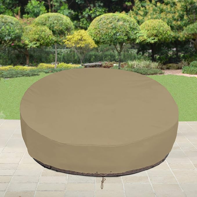 SunPatio Heavy Duty FadeStop Outdoor Round Daybed Cover 75 Inch, Patio Day Bed Sofa Cover Waterproof, All Weather Protection Round Canopy with Taped Seam, 75" Dia x 35"/16”H, Taupe