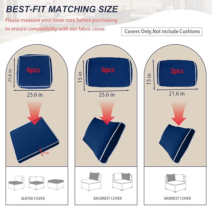 Outdoor Cushion Covers for Patio Furniture, Patio Cushion Covers Replacement with Zipper, Waterproof & Fade Resistant,Only Cover (Blue+White Side, 25.6Lx25.6Wx4H - Only Covers)