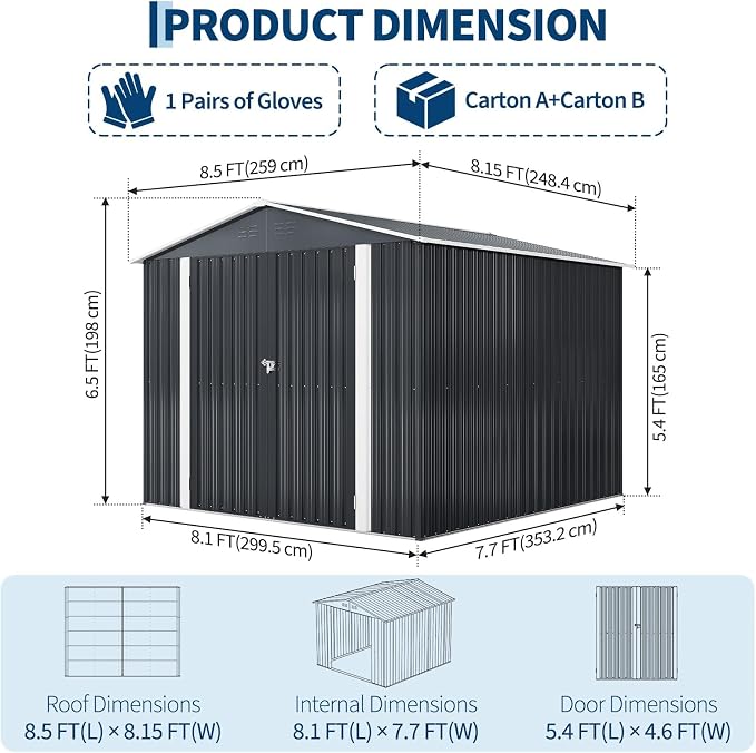 8x8 FT Metal Storage Shed, Outdoor Garden Tool Shed with Lockable Door and Air Vents, Steel Utility Storage for Backyard, Yard, Patio, Bike, Lawn Mower, Equipment