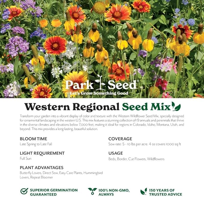 Park Seed Grow Your Own Vibrant Annual and Perennial Wildflower Garden Seeds Mixture, Easy to Grow Varieties for Pollinators and Spring Gardens - Western Regional Mix, 10 lbs