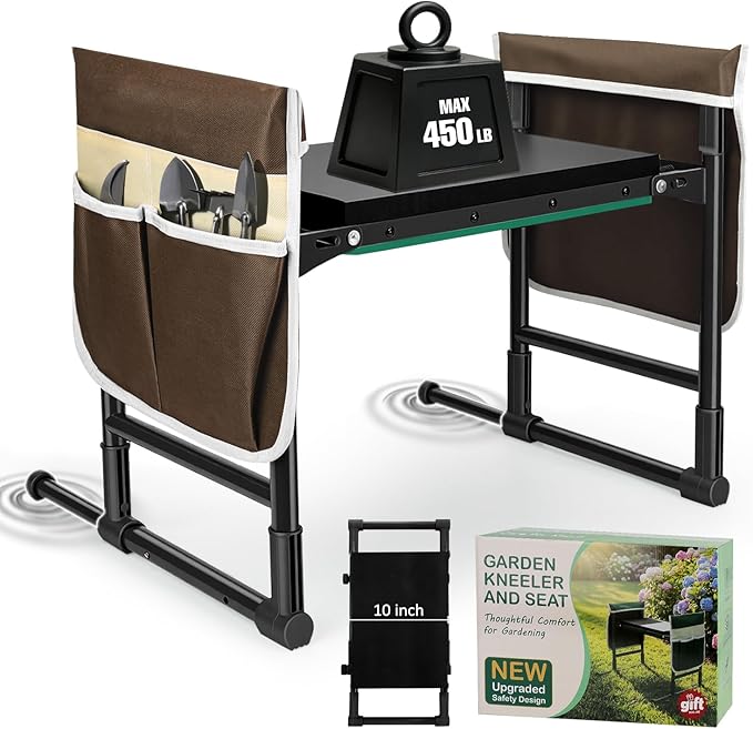 Garden Kneeler and Seat for Seniors – Heavy Duty Anti-Tip Gardening Stool with Widened Thick Soft Kneeling Pad, Foldable Garden Bench with Sturdy Handles, Gardening Gifts for Women Men Mom (Brown)