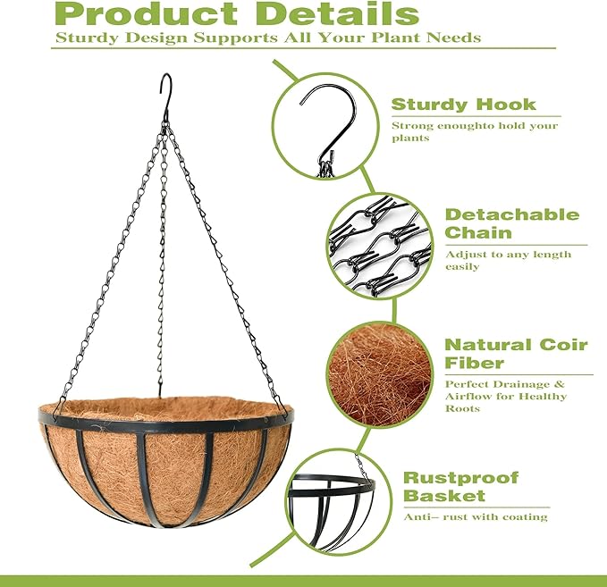 12 Inch Black Flat Iron Metal Hanging Planter Basket with Coco Coir Liner(4 Pack) Hanging Planters for Outdoor Plants Hanging Baskets for Plants Flower Pots for Deck Patio Porch Garden Balcony