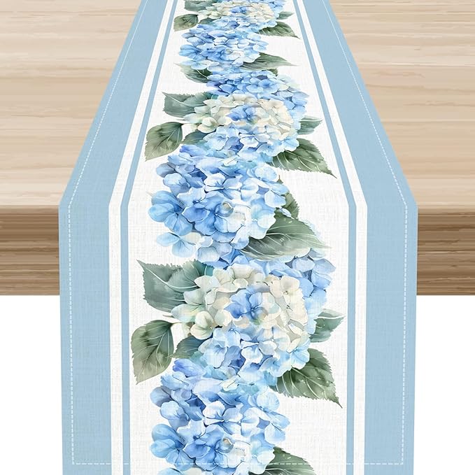 Blue Hydrangea Table Runner, Rustic Country Watercolor Floral Spring Summer Seasonal Flower Butterfly Farmhouse Table Center Decor for Family Kitchen and Dining Party Table Decorations, 13"x72"