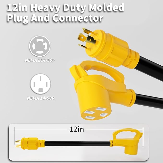 30 Amp to 50 Amp RV Generator Plug Adapter 12 Inch, NEMA L14-30P Male to 14-50R Female, Heavy Duty RV Generator Adapter with Twist Lock Plug, STW 10/4 AWG 30A 125V/250V 3750W, Yellow, ETL Listed