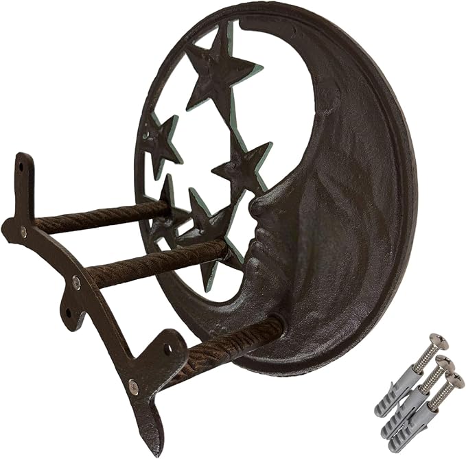 Zeckos Hose Hanger Cast Iron Celestial Moon Face and Stars Wall Mounted Garden Hose Holder, 11.5 X 11.5 Inches, Antiqued Bronze Finish, Hardware Included, 75 Foot Capacity