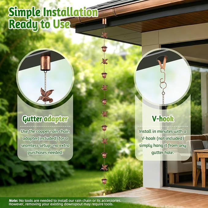 Rain Chains for Gutters Outside 8.5FT Copper Rain Catcher Chain with Adapter Decorative Replacement for Downspout with 6 Hummingbirds and 6 Flower Cups