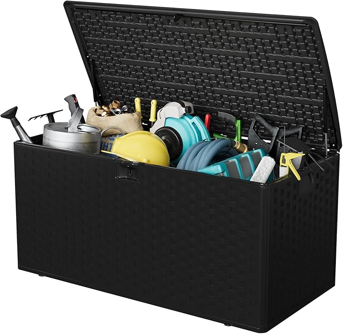 GarveeLife 100 Gallon Outdoor Storage Box, Large Resin Deck Box with Hydraulic Air Rod, Weatherproof & Lockable Outdoor Storage Bin for Patio Cushions, Garden Tools, Pool Supplies, Porch, Black