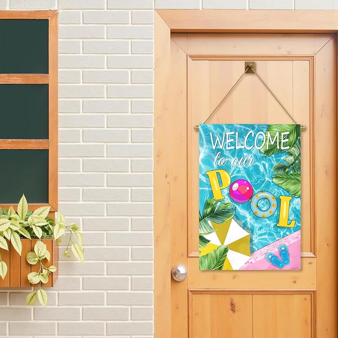 Welcome to Our Pool Garden Flag Vertical Double Sided Summer Swimming Pool Yard Flag Palm Leaf Parasol House Flags 28 x 40 Inch Holiday Party Seasonal Farmhouse Banner Outdoor Decor