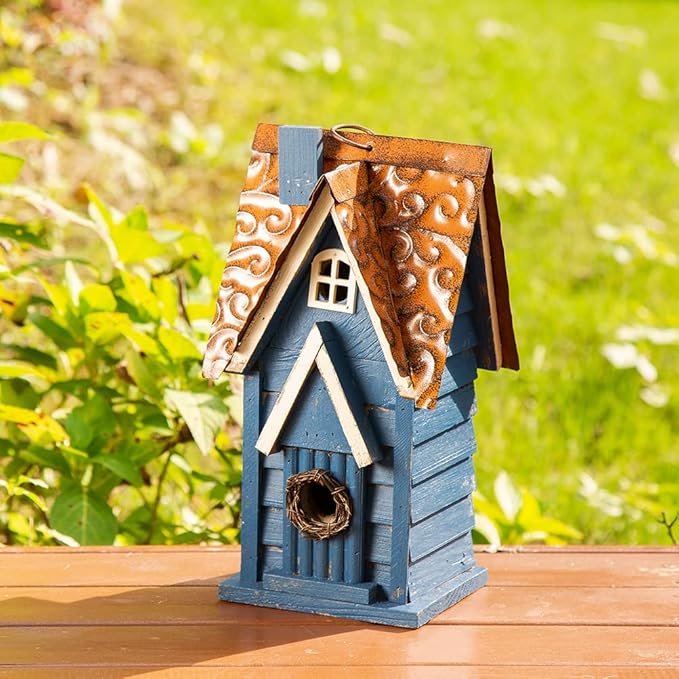 Glitzhome Bird Houses for Outside, 12" H Retro Blue Distressed Solid Wood Cottage Birdhouse Hanging Bird House for Outdoors, Bluebird House for Garden Patio Backyard