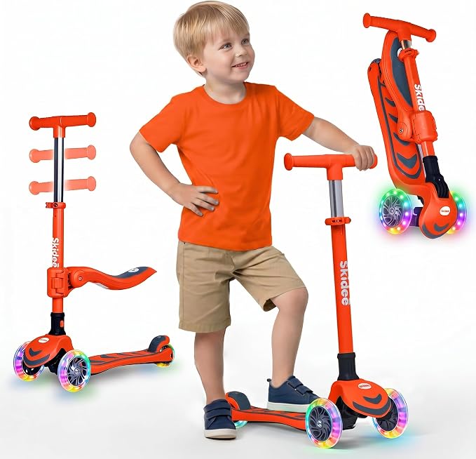 SKIDEE Kick Scooter for Kids Ages 3-5 | Foldable 3 Wheel Scooter with Lean-to-Steer, Adjustable Height, Removable Seat & LED Light Wheels | Toddler Scooter Up to 12 Year Old Boys/Girls