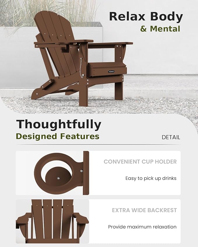 MUCHENGHY Folding Adirondack Chairs Set of 2, Patio Chairs, Lawn Chairs, Outdoor Chair, Adirondack Chair Plastic, Fire Pit, Weather Resistant with Cup Holder for Deck, Backyard, Garden(Brown)
