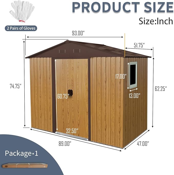 8x4 FT Outdoor Metal Storage Shed with Window, Galvanized Steel Garden Shed, Lockable Sliding Door, Sloped Roof, Ventilated Tool Storage House with Foundation Kit for Backyard Lawn, Coffee